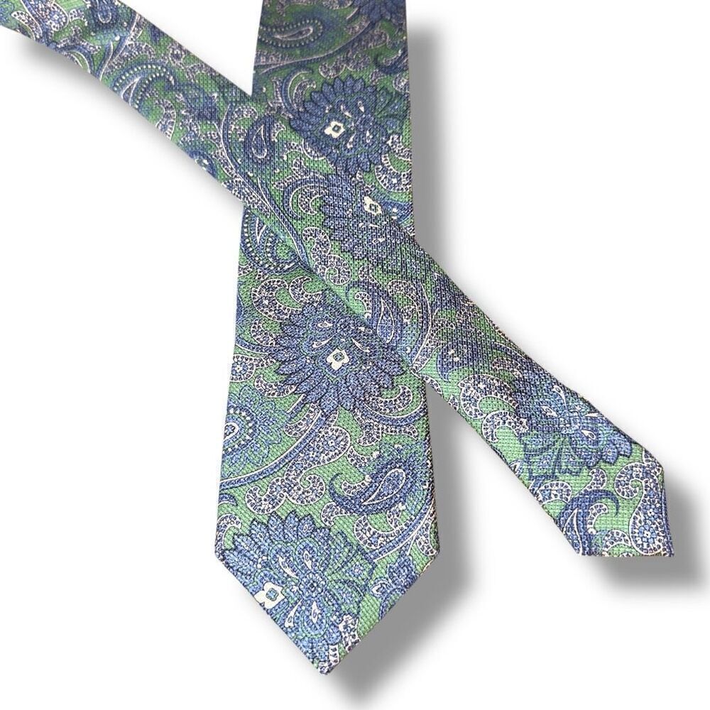Breuer Blue & Green Paisley Silk & Linen Handmade in Italy Neck Tie